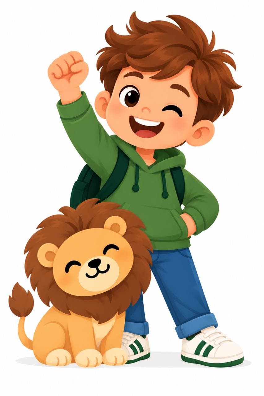 León con su león de peluche